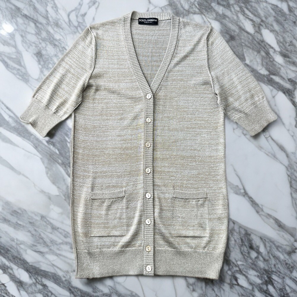 Dolce & Gabbana Cardigan Sweater Gold Silver Metallic Stripe Short Sleeve 42